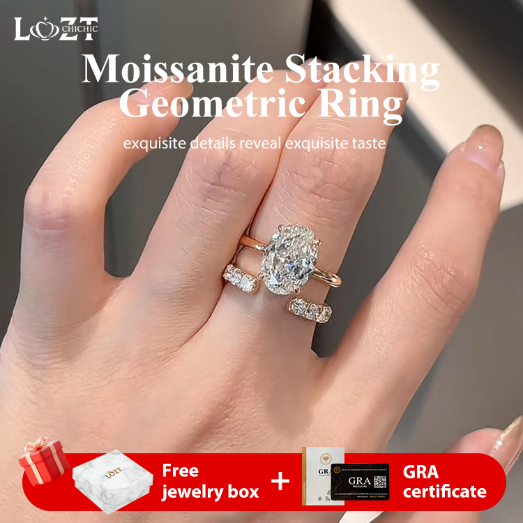 Christmas sale - Moissanite Stacking Geometric Ring - GRA certified - Comes with a custom jewelry box