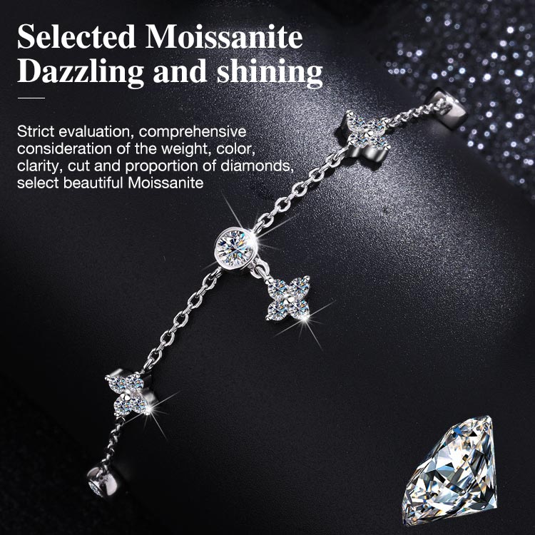 Mothers day promotions- Ophelia Clover Moissanite Bracelet-A Spark of Luck and Love - GRA certificate free gift box