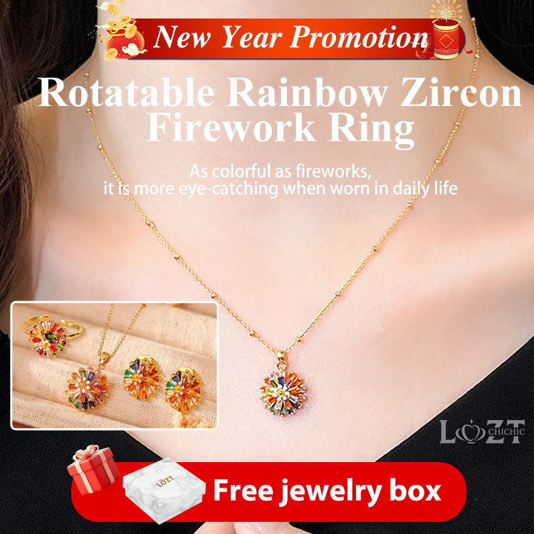 New Year Promotion - Rotatable Rainbow Zircon Firework Ring Set - Free Custom Jewelry Box