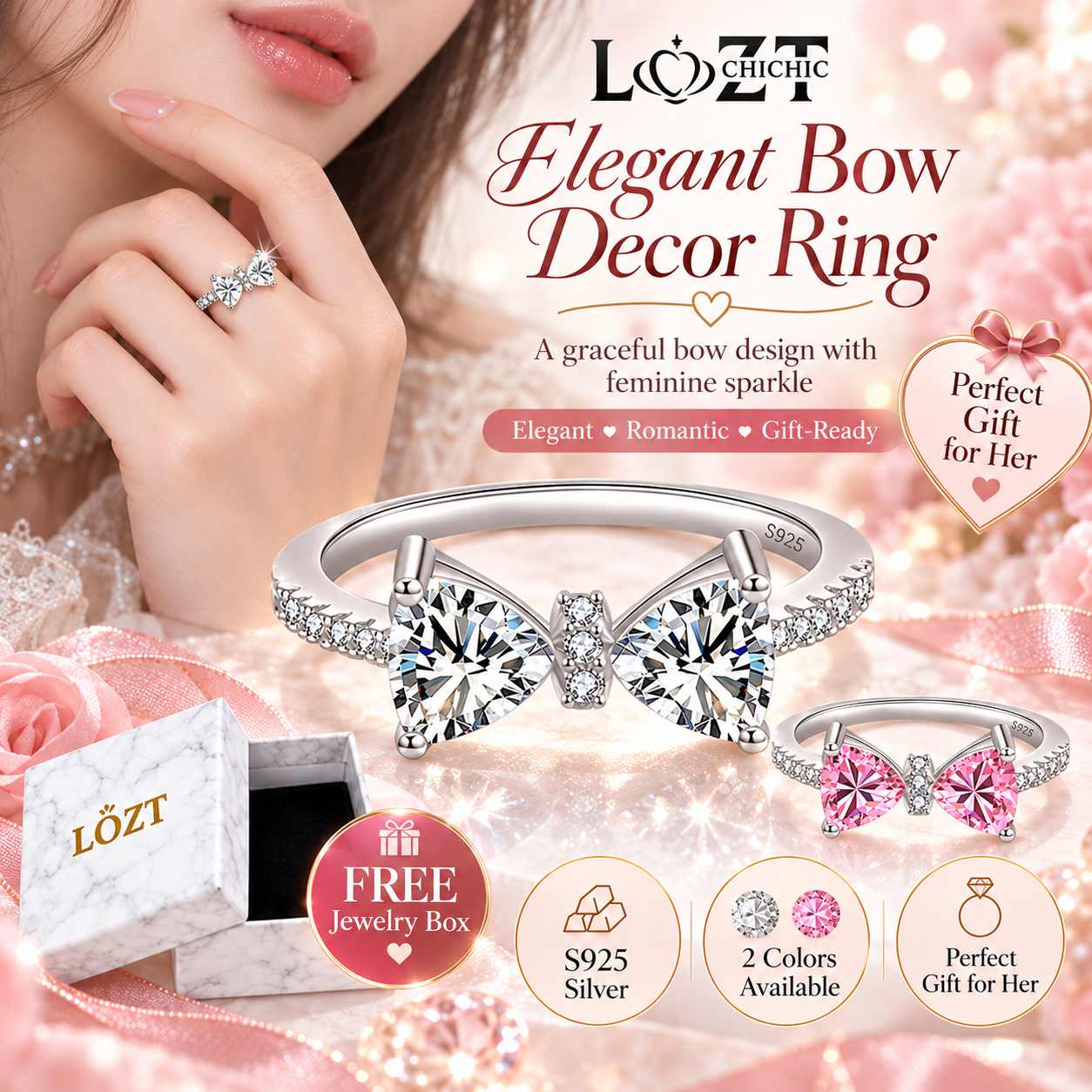 Christmas Sale -elegant bow decor ring - Free Luxury Jewelry Box