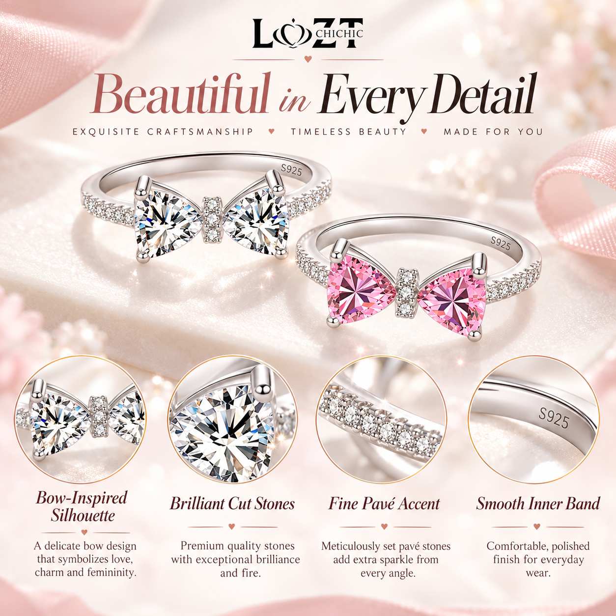 Christmas Sale -elegant bow decor ring - Free Luxury Jewelry Box
