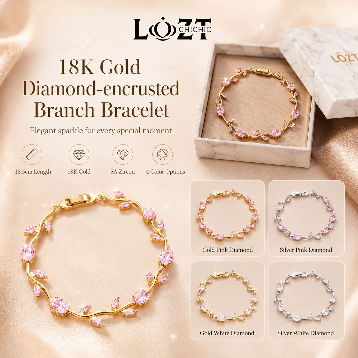 Ber Months Sale to get a Free Jewelry Gift Box – 18K Gold Diamond-Encrusted Branch Bracelet – Elegant Nature-Inspired Bracelet with Brilliant Diamond-Like Sparkle