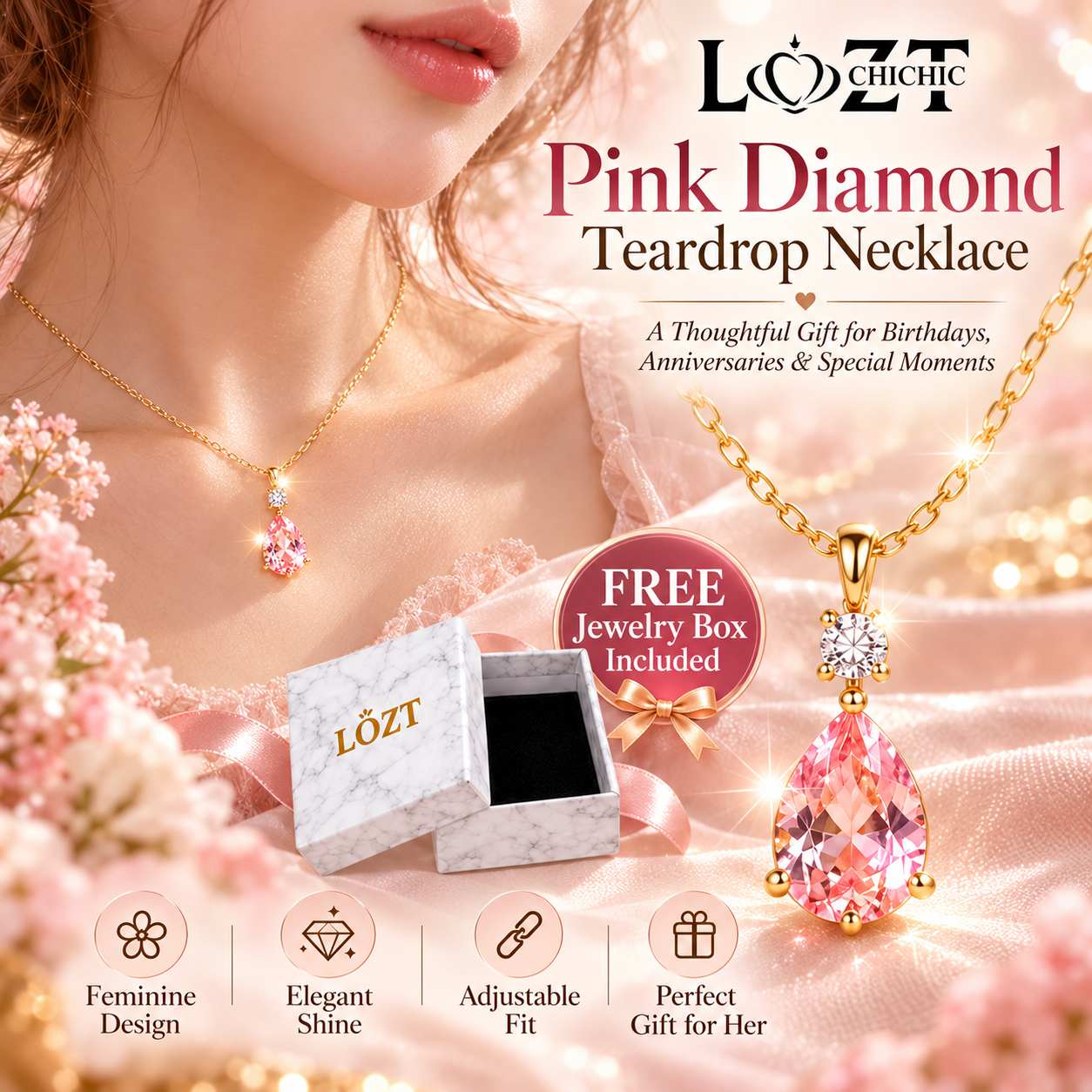 Christmas Sale - Pink Diamond Teardrop Necklace - One-Year Warranty - Comes with a Free Jewelry Box