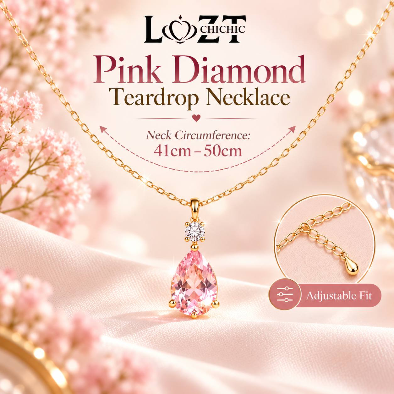 Christmas Sale - Pink Diamond Teardrop Necklace - One-Year Warranty - Comes with a Free Jewelry Box
