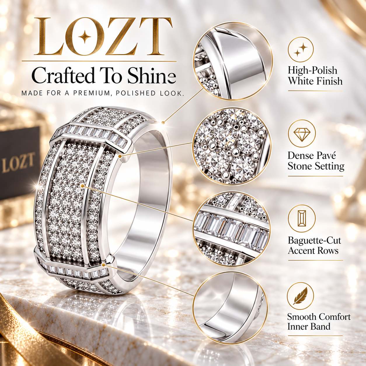 Christmas Sale -LOZT 14K Gold-Plated VVS Synthetic Moissanite Ring - Free Luxury Jewelry Box