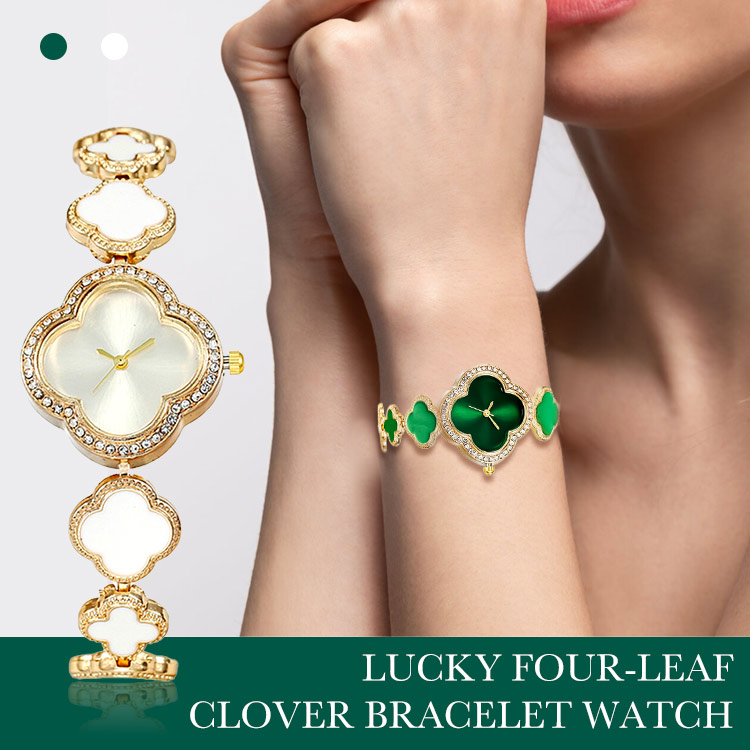 Lucky four-leaf clover gemstone bracelet watch 2 in 1