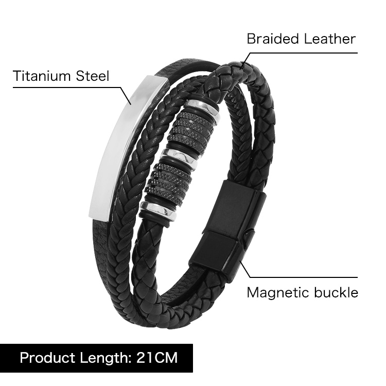 Mens Titanium Steel Braided Leather Bracelet 