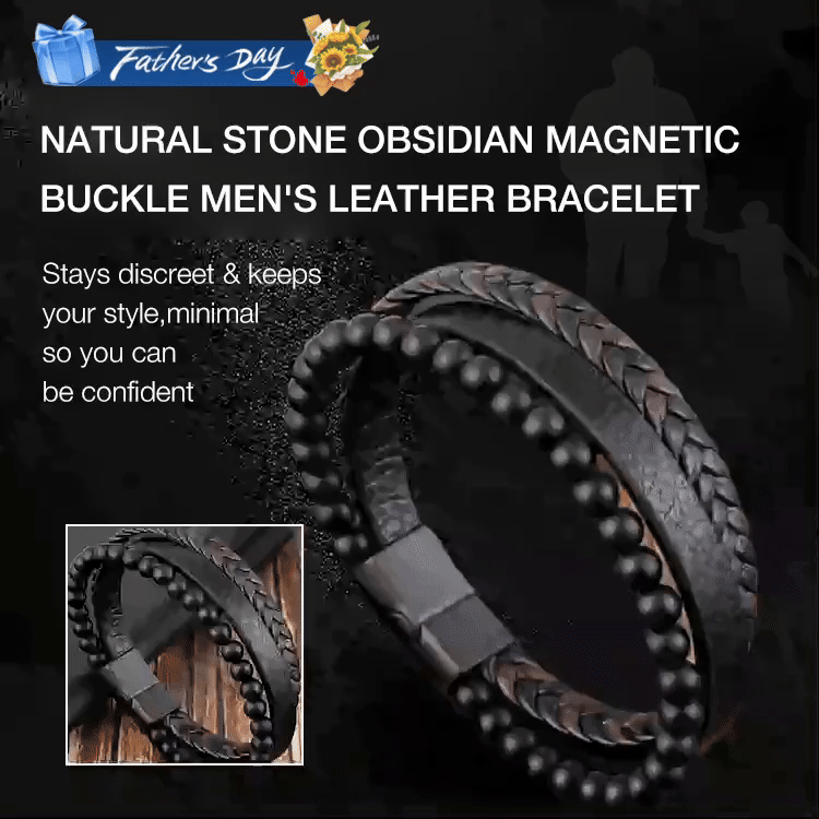 Second one only ₱399 - Natural Stone Obsidian Magnetic Buckle Leather Bracelet-Get instant relief & calm your mind. Hematite healing stones absorb negative energy.