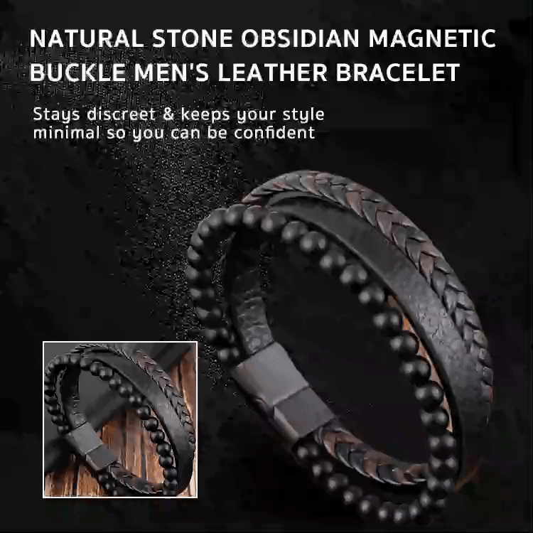 Natural Stone Obsidian Magnetic Buckle Mens Leather Bracelet-Get instant relief & calm your mind. Hematite healing stones absorb negative energy.