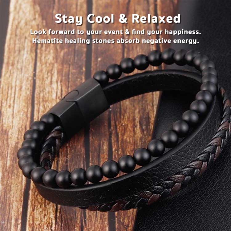 Natural Stone Obsidian Magnetic Buckle Mens Leather Bracelet-Get instant relief & calm your mind. Hematite healing stones absorb negative energy.