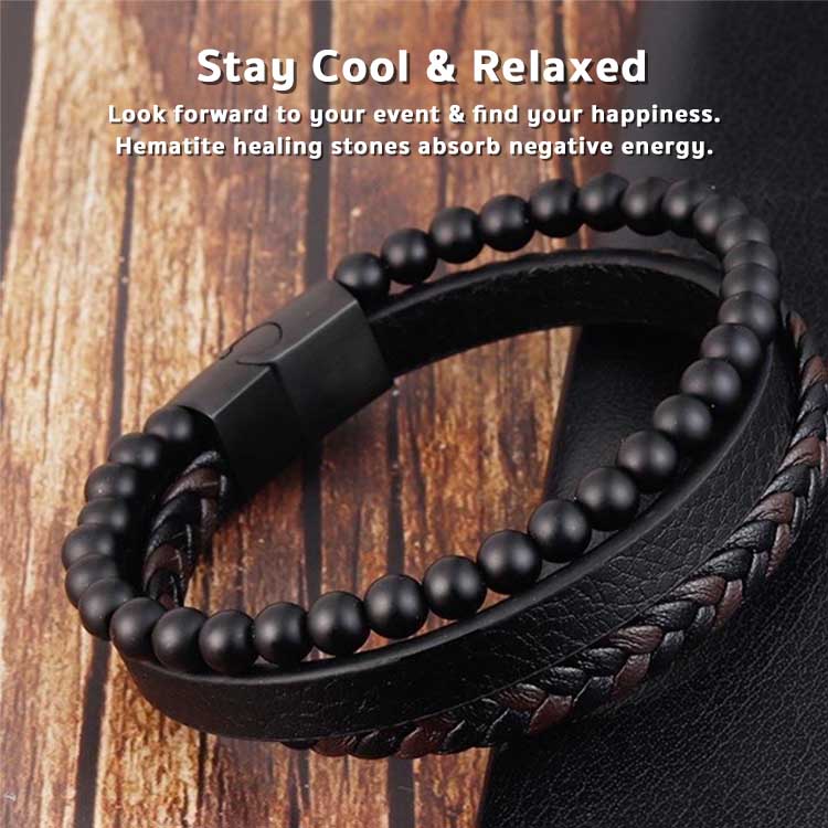 Natural Stone Obsidian Magnetic Buckle Mens Leather Bracelet