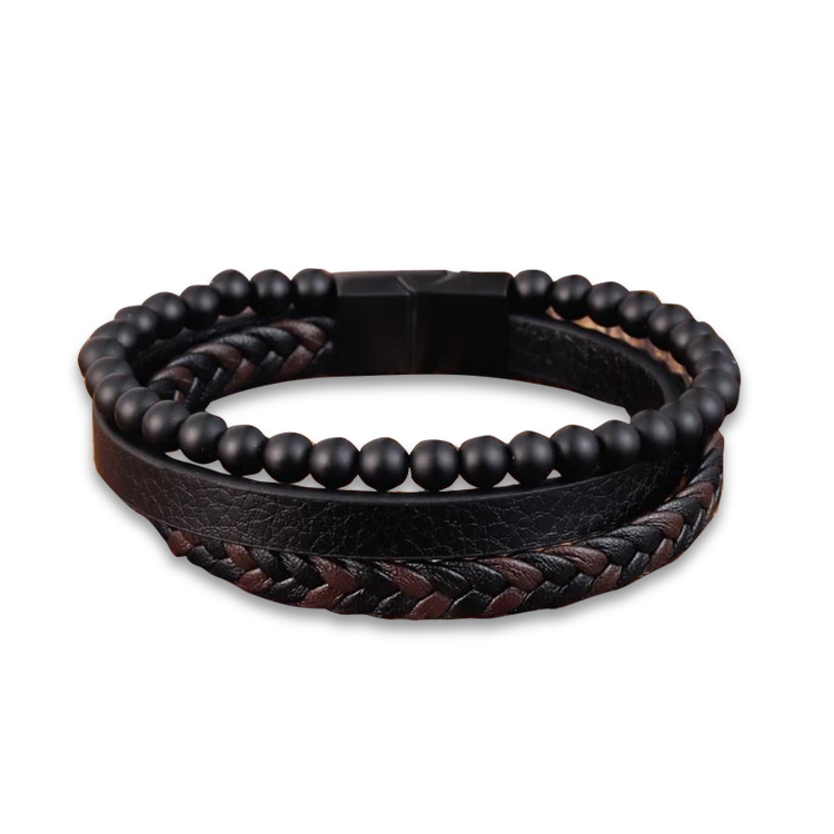 Natural Stone Obsidian Magnetic Buckle Mens Leather Bracelet