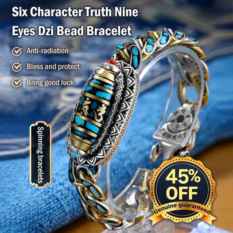 Turquoise six-character mantra nine-eyed dzi bead bracelet-Handcrafted to bring wealth and good luck