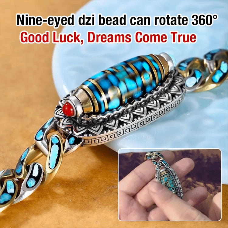 Turquoise six-character mantra nine-eyed dzi bead bracelet-Handcrafted to bring wealth and good luck