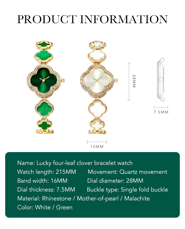 Lucky four-leaf clover gemstone bracelet watch 2 in 1