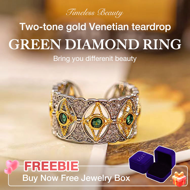 Two-tone gold Venetian teardrop green diamond ring-A symbol of luxury and nobility. Brings luck and wealth
