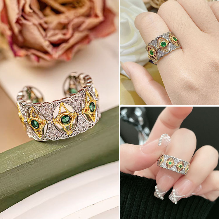 Two-tone gold Venetian teardrop green diamond ring-A symbol of luxury and nobility. Brings luck and wealth