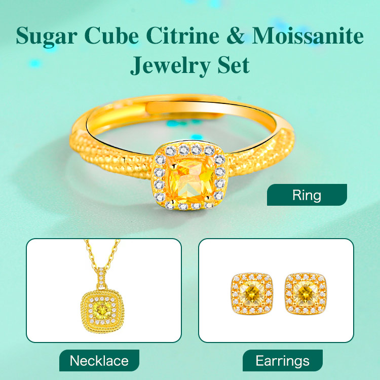 Sugar Cube Citrine & Moissanite Jewelry Set-Get Free Gift Box