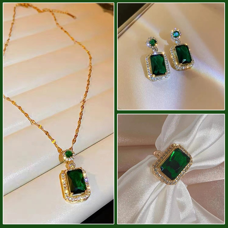 18K Gold Plated Emerald Square Zircon Set- Bring you peace and happiness and wealth