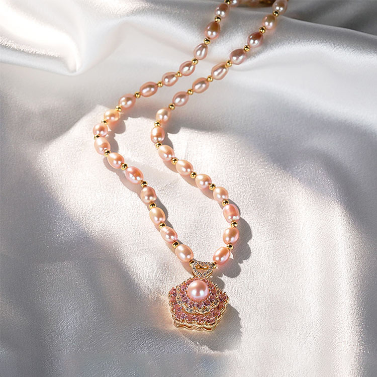 Selected Pink Pearl Australia Imported French Designer Crafted Rotating Pearl Lucky Flower Necklace - Comes with a free premium gift box