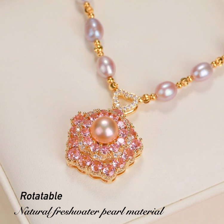 Selected Pink Pearl Australia Imported French Designer Crafted Rotating Pearl Lucky Flower Necklace - Comes with a free premium gift box
