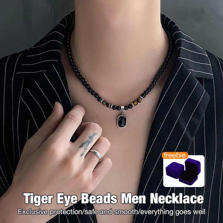Tiger Eye Beads Men Necklace-Bring health, wealth and free jewelry box